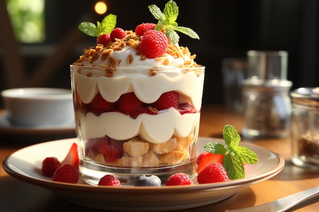 Греческое йогуртовое парфе с ягодами и медом на столе на кухонном фоне, созданное AI