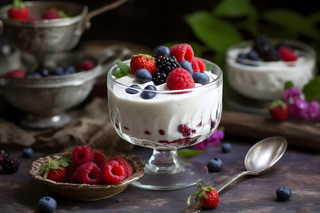 Greek yogurt with fresh berries on wooden background