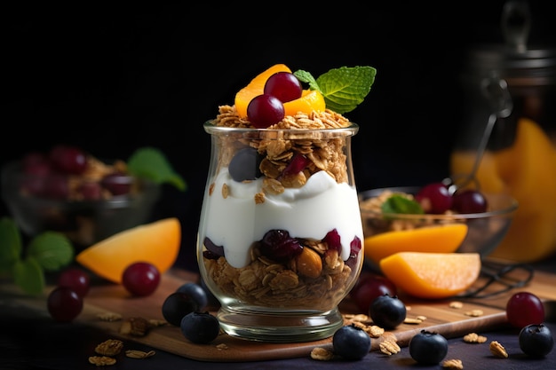 Greek yogurt with granola blueberry strawberry and other fresh fruits