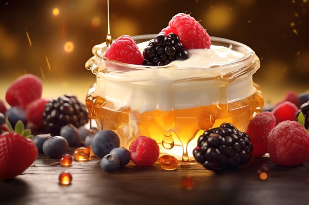 Greek yogurt with honey and berries healthy food background