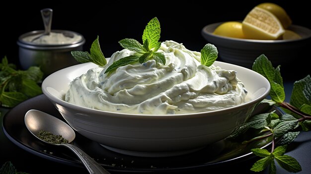 Greek yogurt in a wooden bowl on a rustic wooden table Selective focus