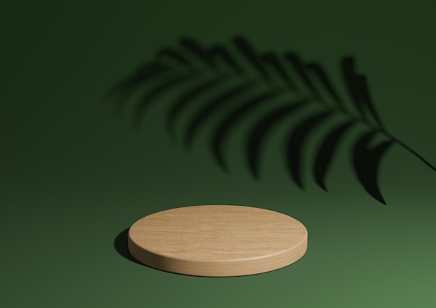 緑の3Dレンダリングは、背景に木製の表彰台またはスタンドの葉を使用して、自然な製品の表示構成をレンダリングします