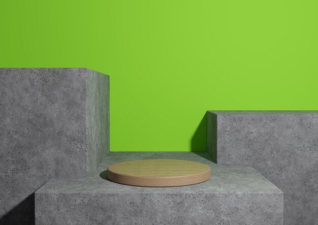 Green 3D rendering minimal wooden simple product display podium rough concrete geometric background