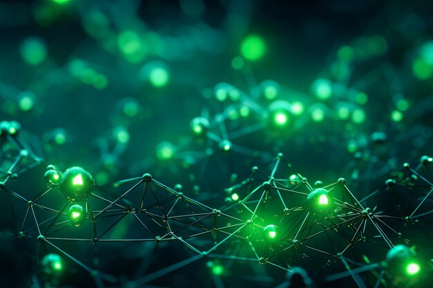 Green abstract background with a network grid particles connected and bokeh Scifi digital technology