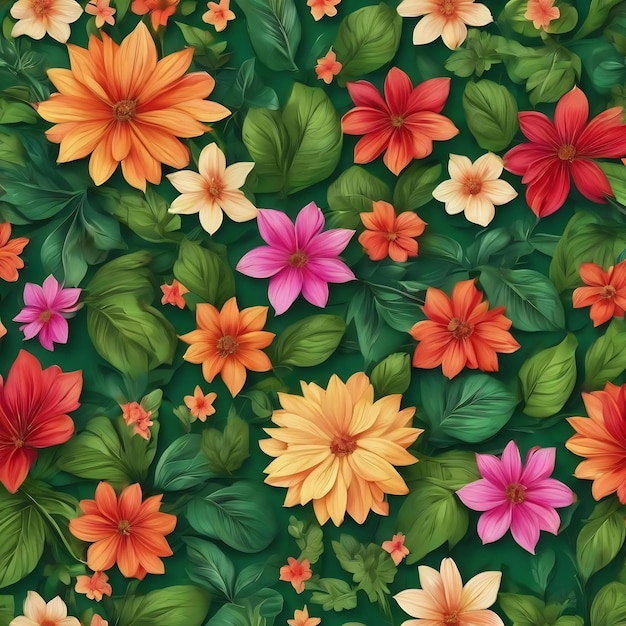 Green abstract background with a pattern of flowers and leaves in the center