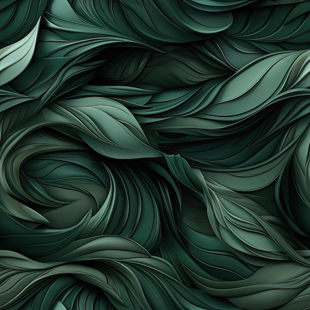 Green abstract wallpaper with curving leaves and organic patterns tiled