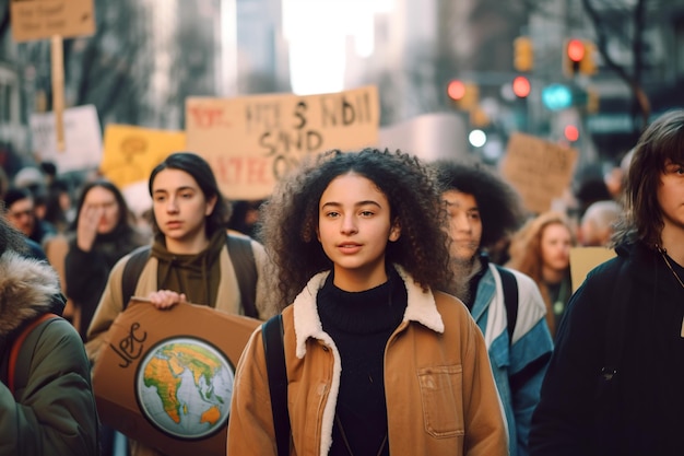 Green activists walking down a street with signs to save planet earth generative ai