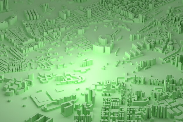 緑の地図の背景をレンダリングする都市の建物の3Dの緑の空中写真