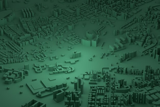 Green aerial view of city buildings 3d rendering green map background