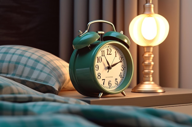 A green alarm clock is on a table next to a lamp.