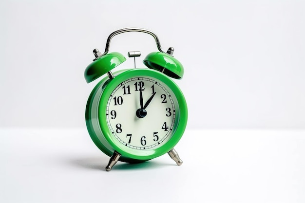 green alarm clock on a white background with copy space
