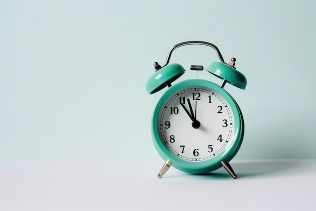 green alarm clock on a white background with copy space