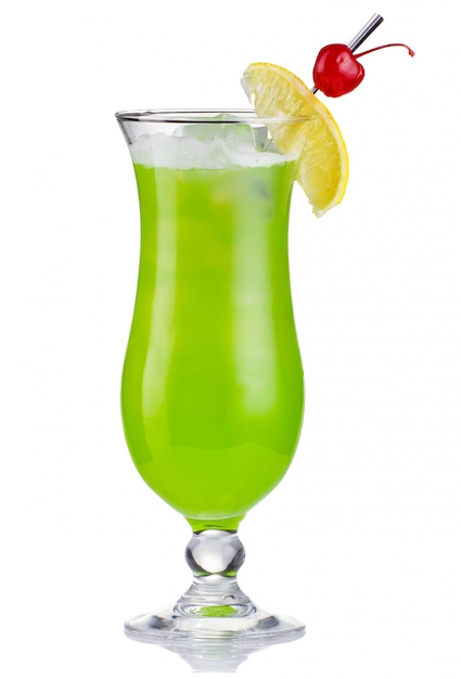 Green alcholol cocktail in hurricane isolated