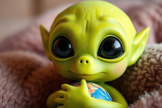 Photo green alien doll holding a globe