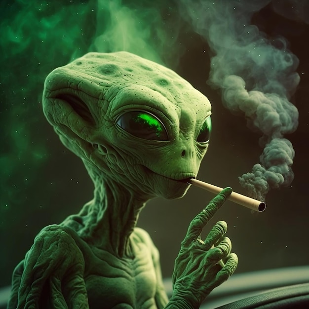 A green alien smoking a cigarette with smoke coming out of it.