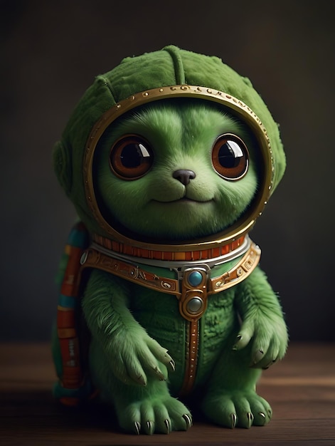 a green alien toy with a gold belt and a green hoodie