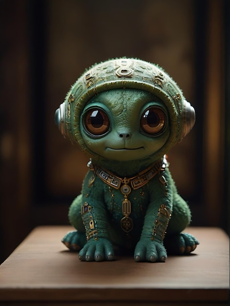 a green alien toy with a headband and a hat