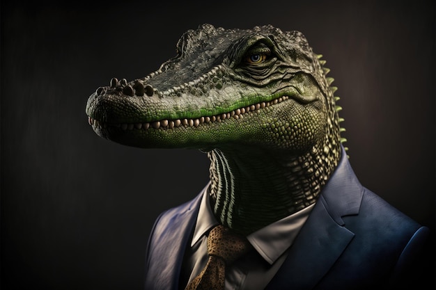 A green alligator with a blue suit and a tie