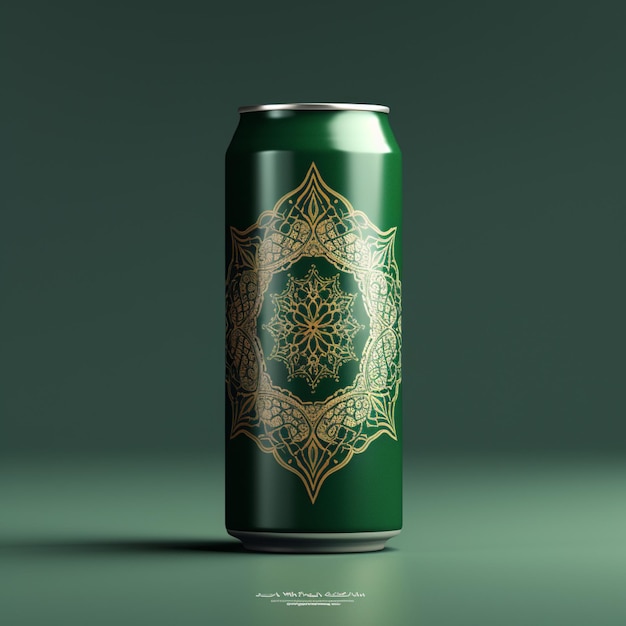Green aluminum soda can mockup with golden pattern 3d rendering