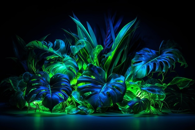 Фото Зелёный и синий неоновый свет с тропическими листьями