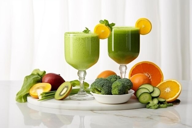 写真 緑とオレンジのデトックスカクテルが果物と野菜の白いテーブルに立っています
