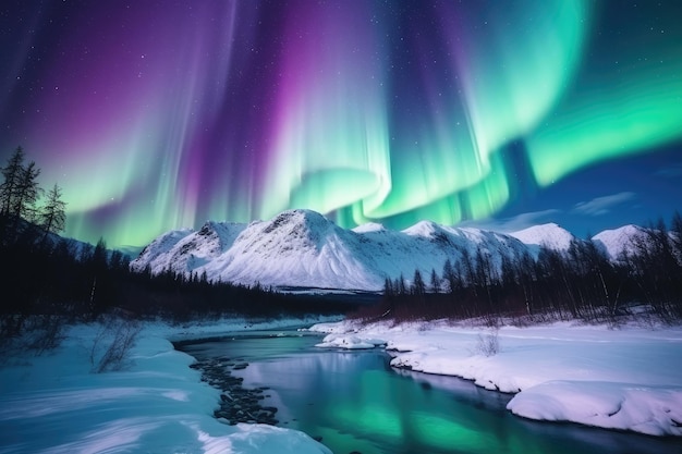 Фото Зеленые и фиолетовые северные сияния над заснеженными горами