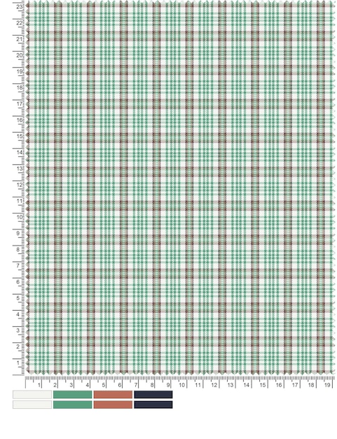 写真 緑と赤のチェック柄のタータンチェック生地、前面に定規が付いています。
