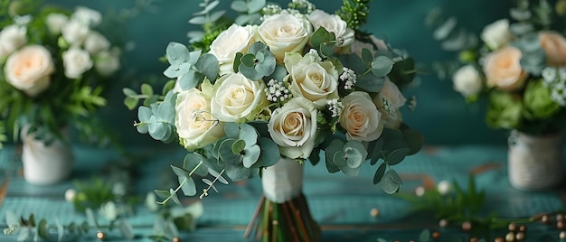 写真 緑と白の花束とバラ ユーカリ 露の滴と葉 コンセプト ブライダルブーケット 緑と白色のテーマ バラ ユカリの露の滴 葉
