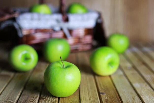 Green apple in a basket