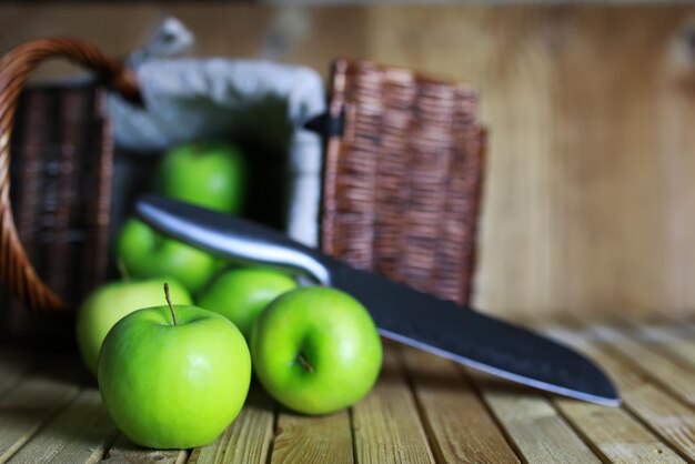 Green apple in a basket