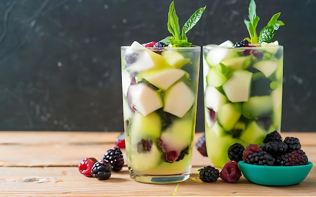 Green apple blueberry lychee soda on table