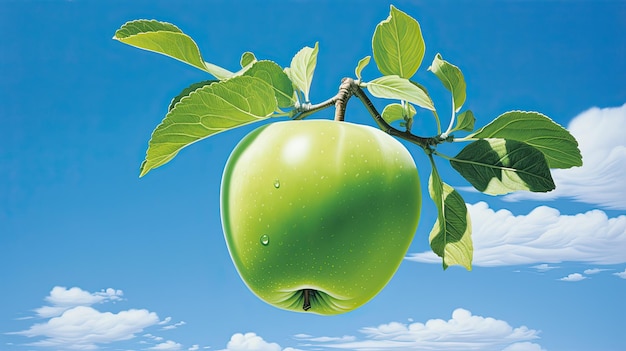 A green apple branch on a blue sky in the background