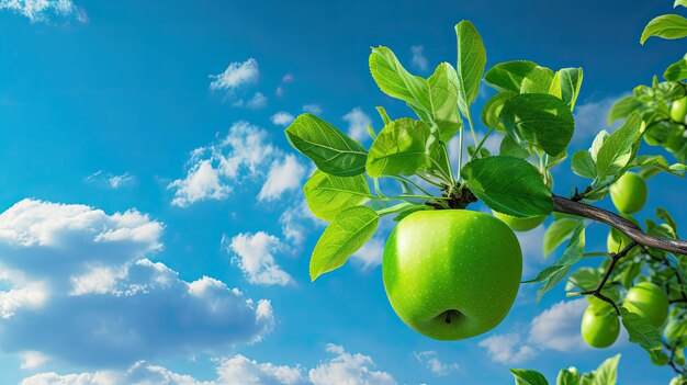 A green apple branch on a blue sky in the background