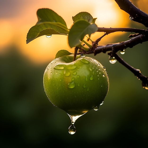 Green apple on a branch in the sun