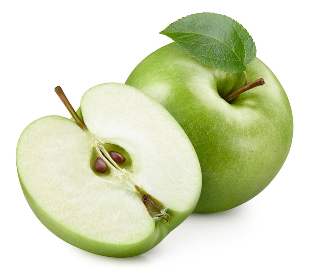 Green apple clipping path. Ripe whole apple fruit isolated on white background with clipping path