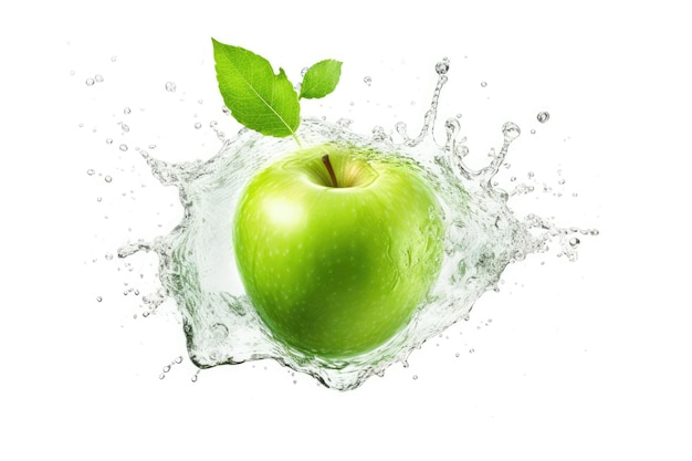 Green apple falling isolated on white background clipping path