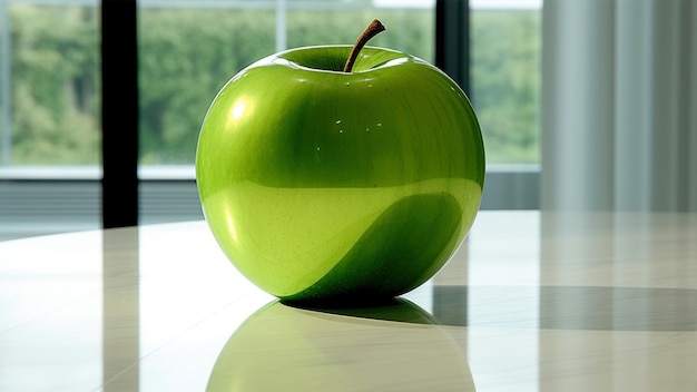 Зелёное яблоко на полу в комнате