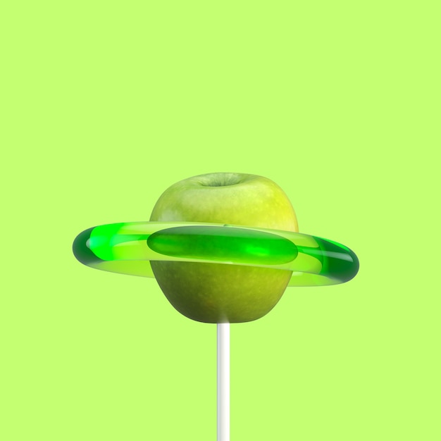 Фото Зеленое яблоко фруктовые конфеты. минимальная фруктовая идея. 3d визуализация.