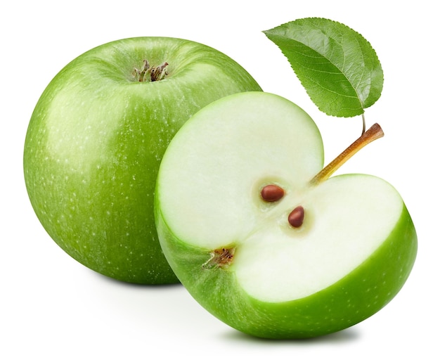 Зеленое яблоко наполовину изолировано на белом фоне Зеленое яблоко обтравочного контура Яблочные фрукты