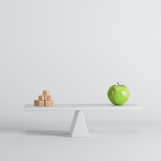 Green apple seesaw with Sugars on opposite end on white background. 