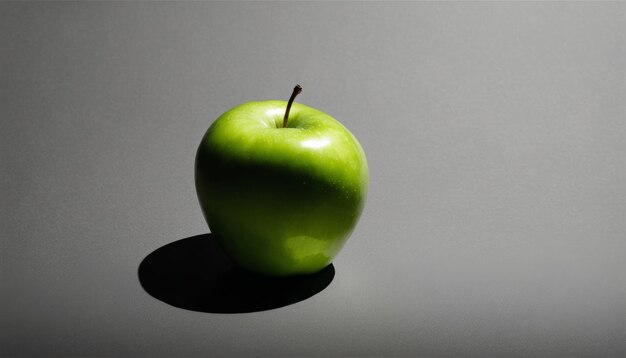 A green apple sits on a table