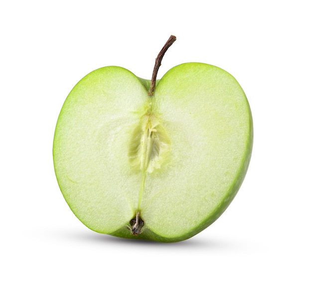 Green apple sliced in half isolated on white background