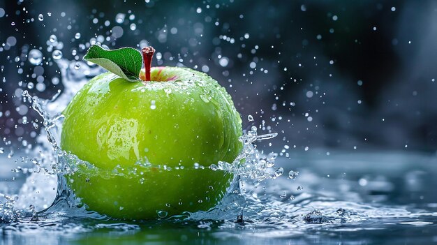 A green apple splashing into the water