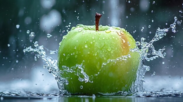 A green apple splashing into the water