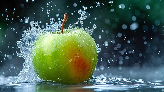 Photo a green apple splashing into the water