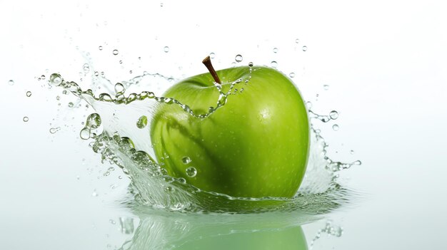 Photo a green apple splashing into water