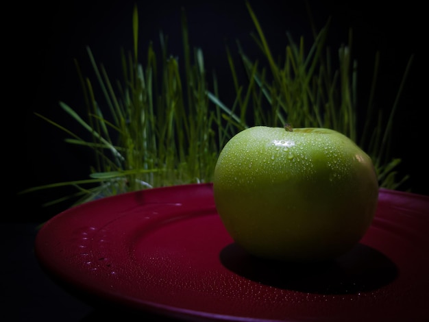 Green apple on a stylish red plate on a dark background