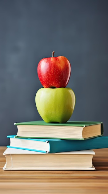 a green apple on top of a stack of books