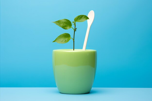 Green Apple Tree Sprout in Vase on Blue Background Environment Improvement Concept