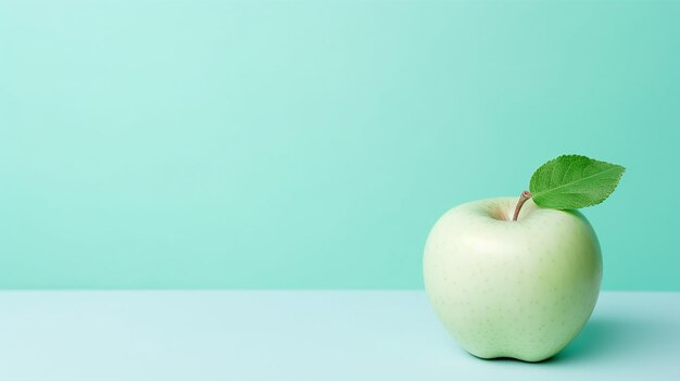 Green apple on turquoise background with copy space Healthy food and diet concept